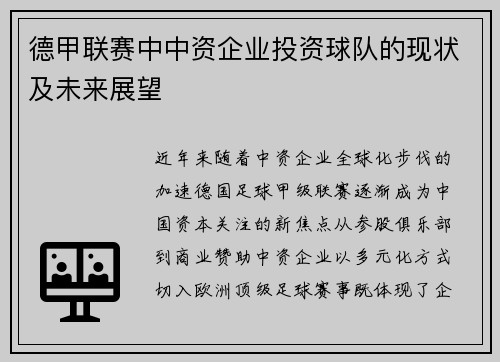 德甲联赛中中资企业投资球队的现状及未来展望